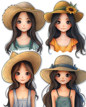 four girls wearing straw hats clip art preview
