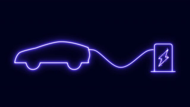 Ev electrocar charge point station neon flash video. Electric station charging power wire glowing animation with alpha channel. High quality 4k footage