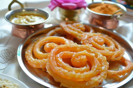 Traditional Gujarati dish of Gaanthiya fafda with besan kadhi served in Thaali accompanied by papaya chutney