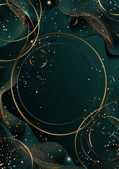 Luxury Background with Golden Circles and Dark Green Color, Elegant Style, Golden Decoration on the Border of Frame, Golden Glitter Effect, Vector Illustration, Minimalist Design, High Resolution