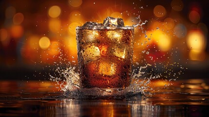 a refreshing soda drink or cola served with ice cubes creating a splash and bubbles perfect for a summer party or celebration,art illustration