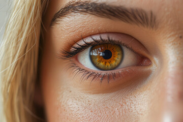 Fototapeta premium Close-up of a woman with heterochromia, featuring two distinctly different colored eyes, one blue and one brown.