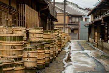 Traditional wooden sake barrels with bamboo hoops piled behind a Japanese brewery