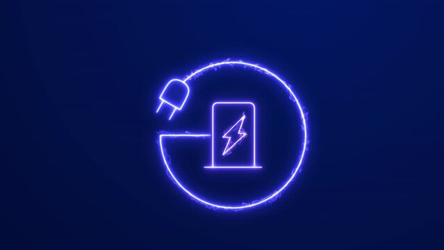 Ev icon electrocar charge point station neon flash video. Electric station charging power cable supply glowing animation with alpha channel. High quality 4k footage