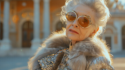 A fashion editorial photo of an old woman