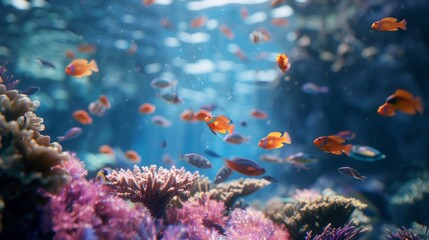 Naklejka na ściany i meble Defocused background of a coral reef with vibrant coral and schools of fish swimming in the background evoking a sense of wonder and adventure in a deepsea setting. .