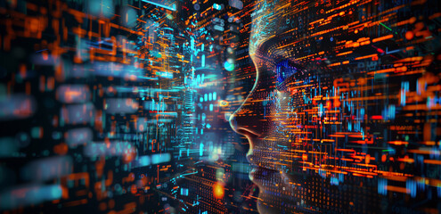 Future holographic AI hi-tech background with network abstract circuitry and neon glowing lines in the digital metaverse realm. Generative AI