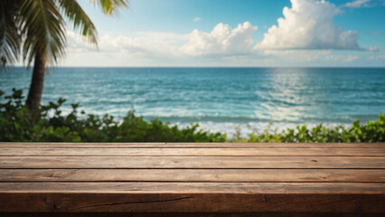 Fototapeta premium Showcase your product on a beachside table bathed in warm sunlight