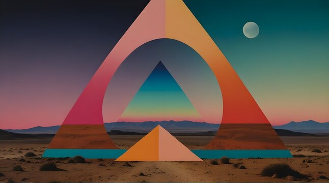 Minimal surreal collage, chromolithography print. Triangle base, circle under centre aligned.generative.ai