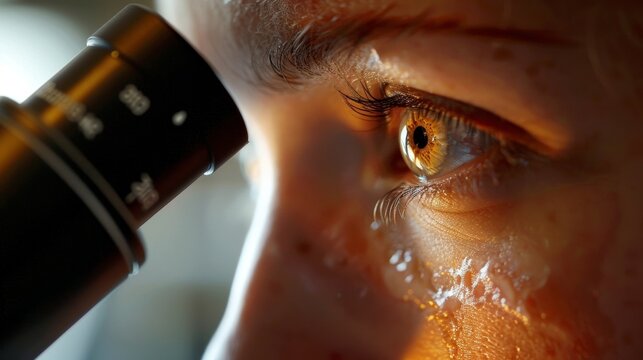 A closeup of a chemists eye as she carefully adjusts the focus on the microscope to get a better view of the microscopic world. .