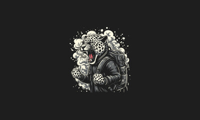 leopard wearing back pack with smoke vector artwork design