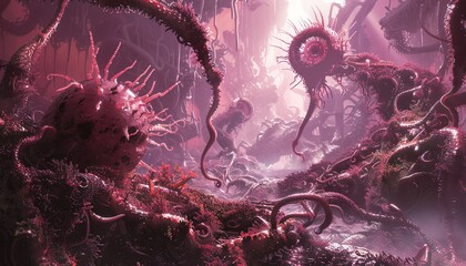 Design a surreal landscape where twisted nanotech-infused plants morph into eerie forms, inspired by modern horror novels Blend vibrant colors with chilling details to convey a sense of unease and mys