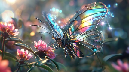 Immerse viewers in a cybernetic butterfly garden, showcasing ultra-modern insects through a macro lens close-up Experiment with iridescent digital hues to highlight metallic exoskeletons - obrazy, fototapety, plakaty