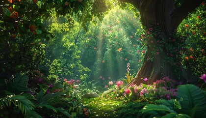 Immerse your audience in a lush, emerald forest background teeming with vibrant flora in a whimsical, hand-painted animation style Enchant viewers with intricate details and a sense of depth through e