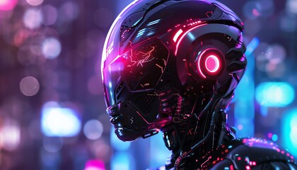 Illustrate a futuristic android with intricate details, showcasing its advanced features like bionic limbs and integrated holographic interface Experiment with innovative lighting techniques such as g - obrazy, fototapety, plakaty
