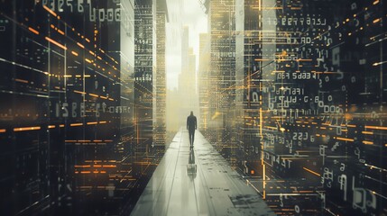 Blend vintage leadership symbols with modern, dystopian architecture Experiment with glitch effects to convey a disrupted leadership narrative Utilize 3D rendering to add depth and complexity - obrazy, fototapety, plakaty