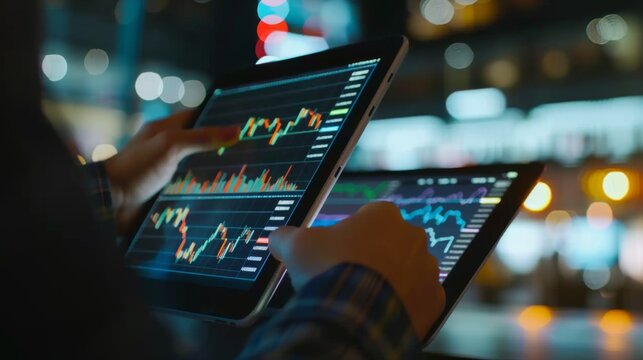 A businessman analyzing stock market graphs on a digital tablet