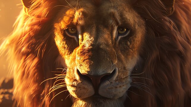 Capture a dynamic Tilted Angle View of a majestic lion in a photorealistic digital animation style, showcasing its regal mane and piercing gaze