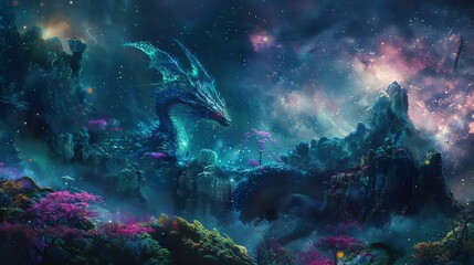 Illuminate mythical creatures roaming a cosmic landscape with ethereal bioluminescence, blending the elegance of traditional oil painting with modern digital surrealism