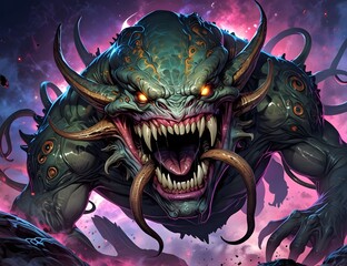 Fantastic evil alien monster from another planet with scary fangs, teeth and tentacles. Inhabitant of alien worlds.
