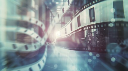 A hazy film strip leading into a blurred montage of scenes representing the continuous and fluid flow of ideas and exeion in the production process. The background also features outoffocus .