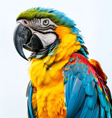 blue and yellow macaw on white