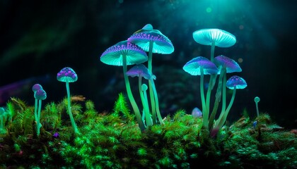 Prompt: Biologically bioluminescent polka-dotted mushrooms sprout iridescent wings and take flight from a mossy moonlit forest floor.