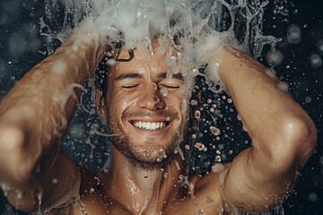 Happy man in shower cleaning with shampoo maintaining hygiene