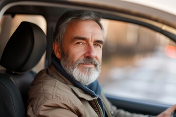 Obraz premium Happy mature man driving car for work or travel symbolizing cars and hobbies