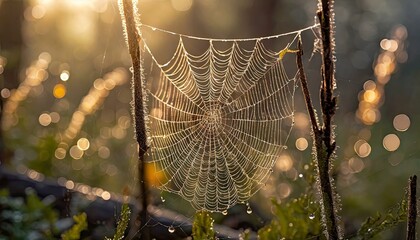 a spider web in early morning sunlight, light foggy background, water droplets on the web, mystic light