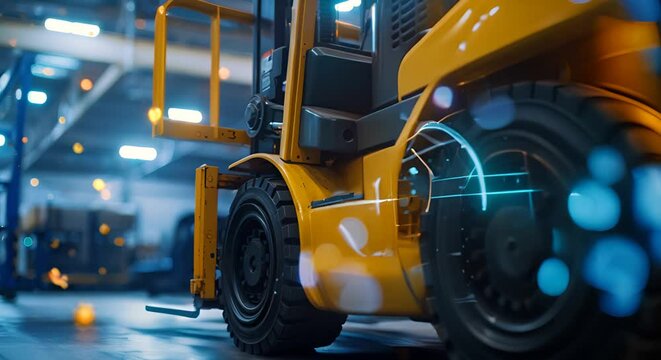 Close-up on the sensor technology of an AI forklift, with data points and analytics overlay,