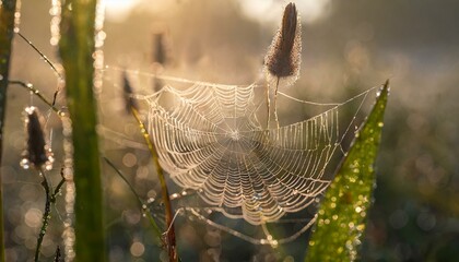 a spider web in early morning sunlight, light foggy background, water droplets on the web, mystic light