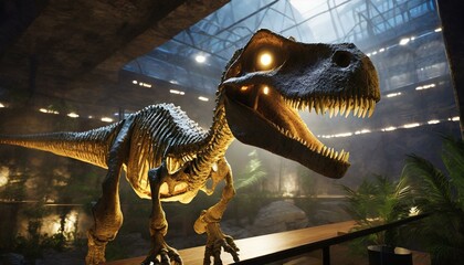 Dinosaur skeleton of a T-Rex on display in a natural history museum. Photorealistic,...
