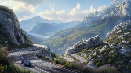 A car navigating hairpin bends on a scenic mountain highway, overlooking stunning vistas - obrazy, fototapety, plakaty