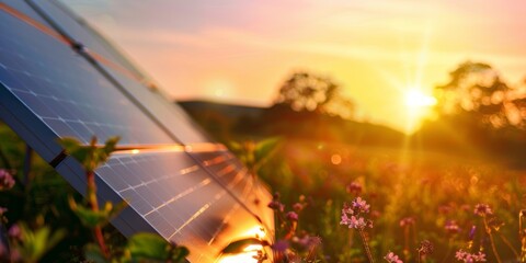 Renewable solar panel technology harnesses the setting sun's energy amid vibrant wildflowers. - obrazy, fototapety, plakaty