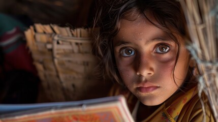 Closeup of a girl holding a schoolbook gazing intently at her teacher in a makeshift classroom set up in a displacement camp. Education is often disrupted during crises particularly . - obrazy, fototapety, plakaty