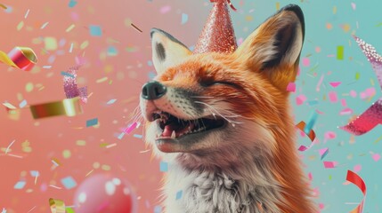 Naklejka premium Digital illustration of a joyful fox wearing a party hat among falling confetti.