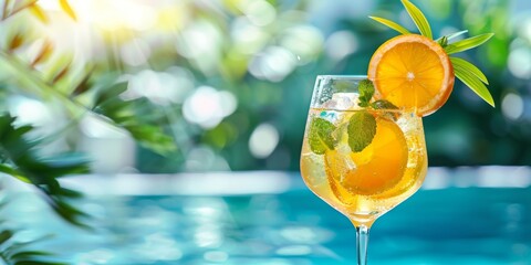 Refreshing summer cocktail with orange slice, served poolside on a sunny day, depicting leisure and luxury.