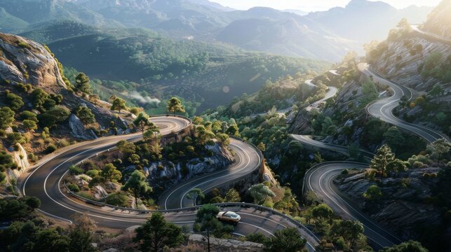 A car navigating hairpin bends on a scenic mountain highway, overlooking stunning vistas