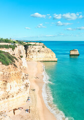 Algarve, Portugal - Aerial view of Marinha Beach at a sunny day - Summer vacations concept