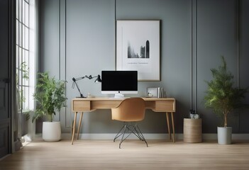 desk home Scandinavian render office interior wooden 3D Mockup design