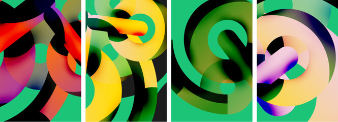 A vibrant collage featuring four different colored circles on a green background, showcasing art paint in electric blue shades. A beautiful pattern in visual arts