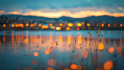 Blurred City Lights Reflected in the Water of Lake Novi Becher at Sunset, Blurred Grasses and Mountains in the Background, Summer Evening Scene near the Mont_artiste d’or Alps, Body Shot Style. - obrazy, fototapety, plakaty