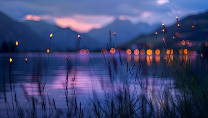 Blurred City Lights Reflected in the Water of Lake Novi Becher at Sunset, Blurred Grasses and Mountains in the Background, Summer Evening Scene near the Mont_artiste d’or Alps, Body Shot Style. - obrazy, fototapety, plakaty