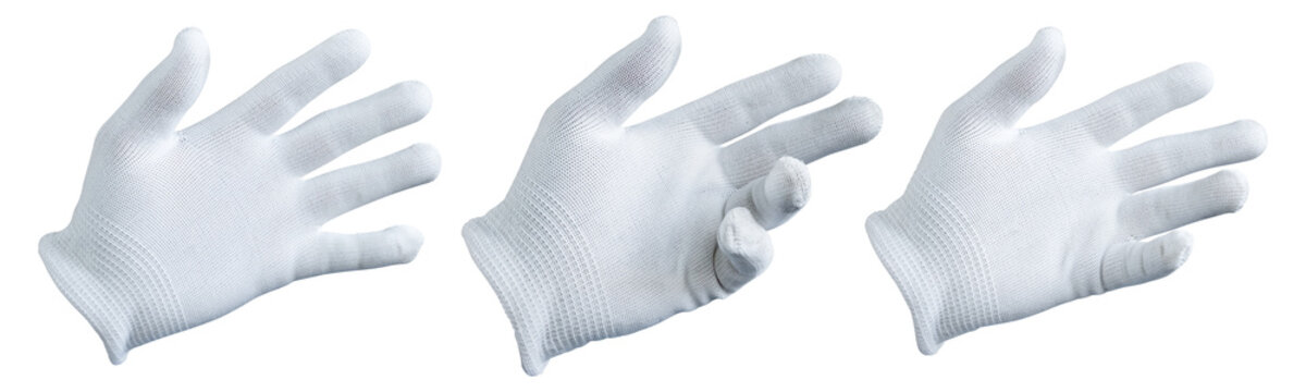 Collection of white cloth gloves isolated on transparent background. PNG File