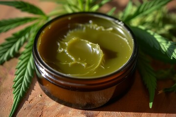 Homemade herbal ointment with hemp for medical use - obrazy, fototapety, plakaty