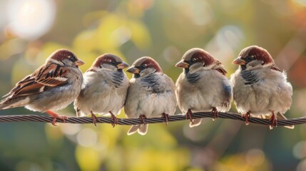 A close-up of a group of sparrows perched on a wire, chirping and socializing as they enjoy the warmth of the morning sun. - obrazy, fototapety, plakaty