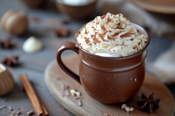 Hot chocolate in a mug topped with cream