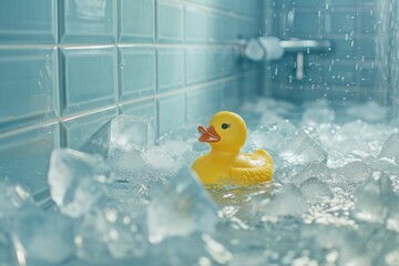Ice and a yellow duck fill the bathroom for bathing focusing on cold therapies The hot water is unavailable - obrazy, fototapety, plakaty