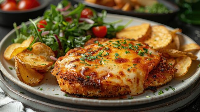 chicken schnitzel parmigiana with melted cheese served with chips and salad on a white plate stock photo
